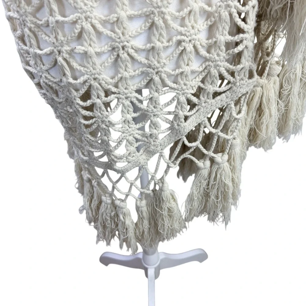 Handmade Wool Blend Crochet Wrap Shawl Beige Boho